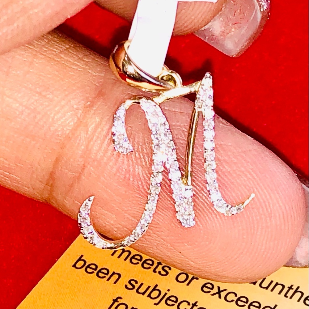 10k solid gold Real Genuine Diamond M initial pendant Not plated, FREE APPRAISAL